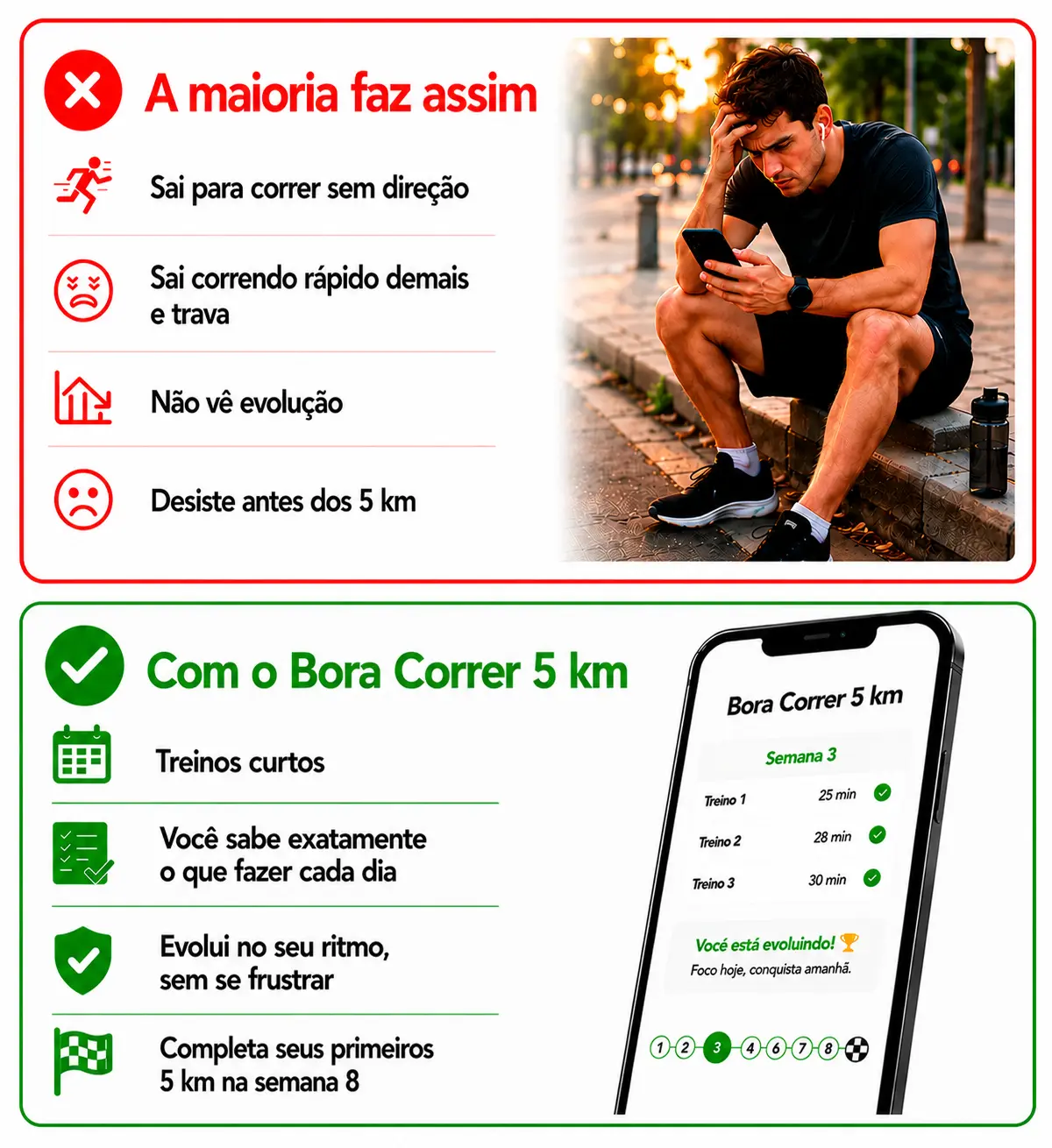 Comparativo: erros comuns vs. método do Bora Correr 5km
