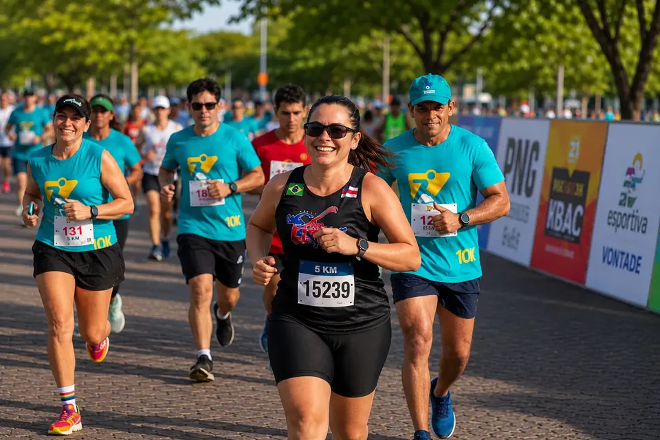 Casal celebrando ao cruzar a linha de chegada de 5 km